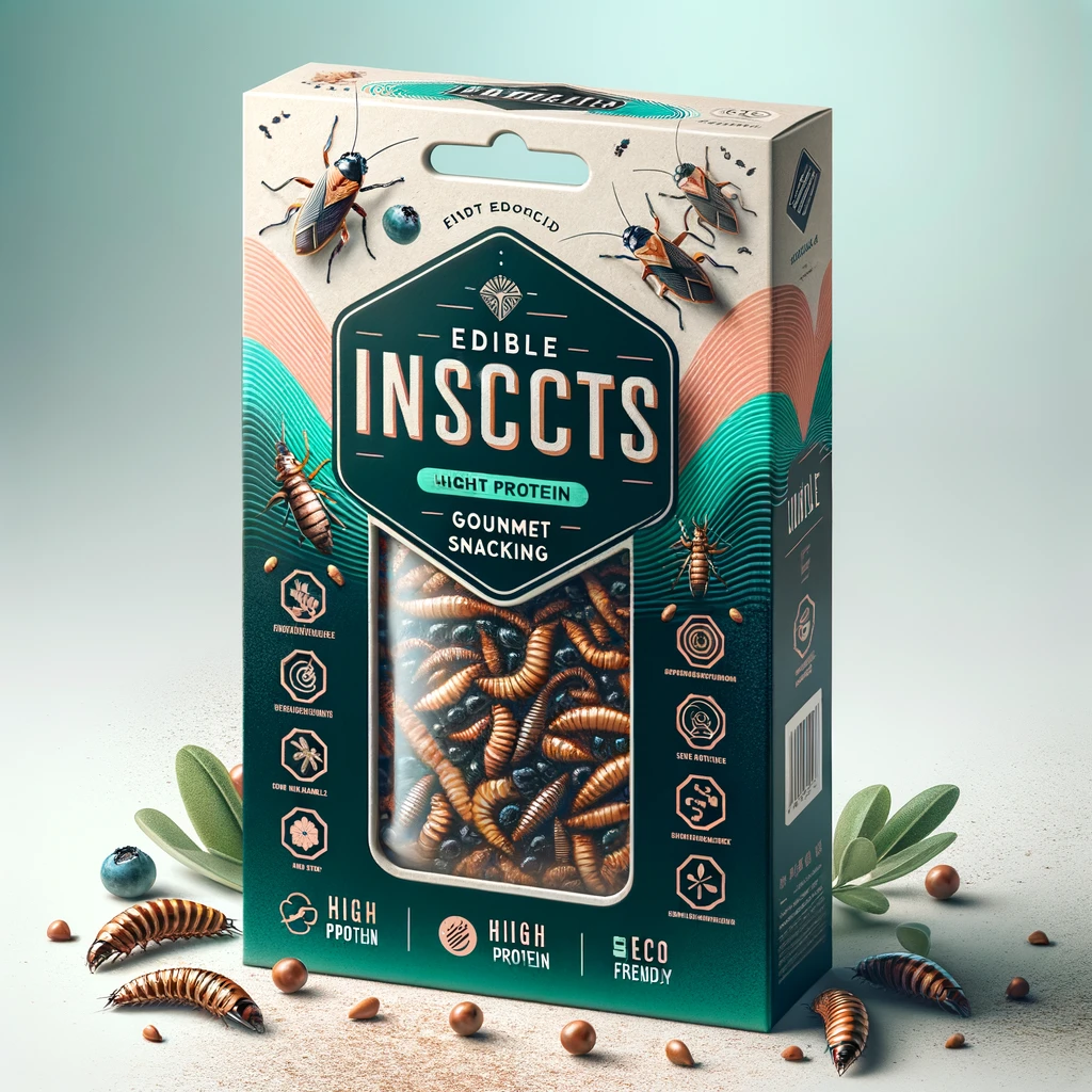 a modern, eye-catching retail package design for edible insects, blending both the appeal of sustainability and gourmet snacking.